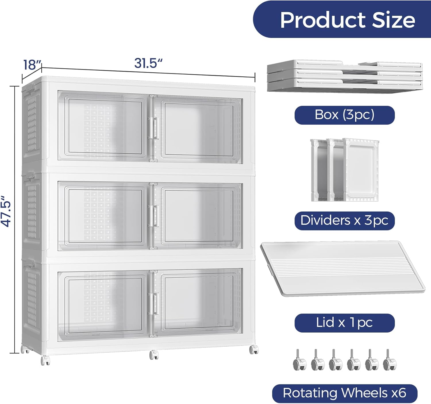 150Gal Stackable Storage Bins with Lid, 600Qt Extra Large Collapsible Storage Box with Wheels, Dividers, Folding Plastic Cabinet Closet Organizers for Home Kitchen Office Dorm, 3Pack White