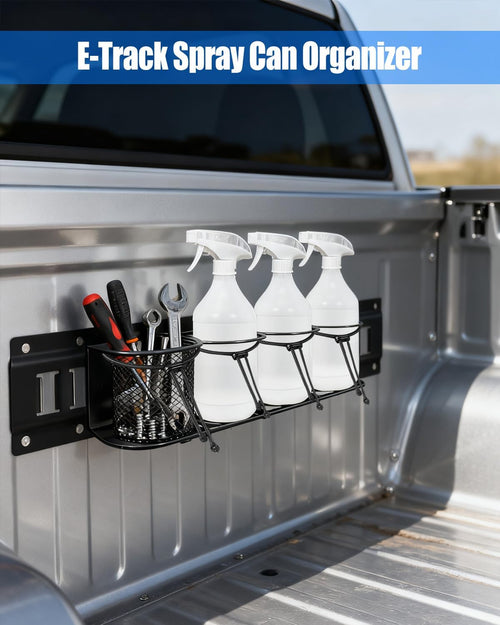 2 Pack E-Track Spray Bottle Holder, Heavy Duty Spray Can Rack for Enclosed Trailer, Wall Mount Bottle Organizer 7-Bottle Capacity with Tool Organizer, E Track Accessories