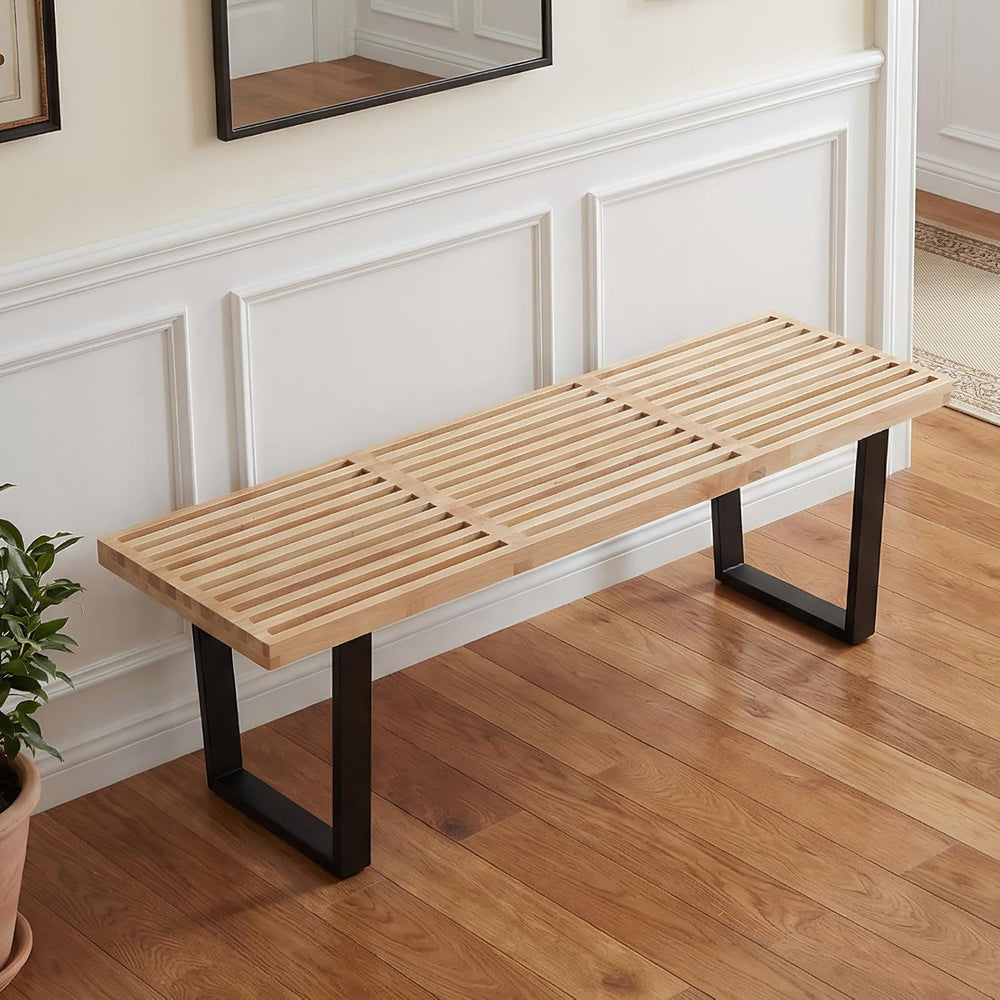 55" Natural Wood Entryway Bench, Industrial End of Bed Bench for Bedroom...