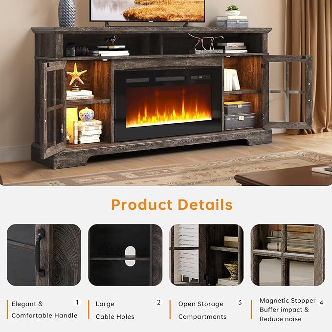 70" TV Stand with Electric Fireplace, Modern Entertainment Center for TVs Up to 80 Inches, Farmhouse Media Console with Storage Cabinets & Doors for Living Room, Gray and Black