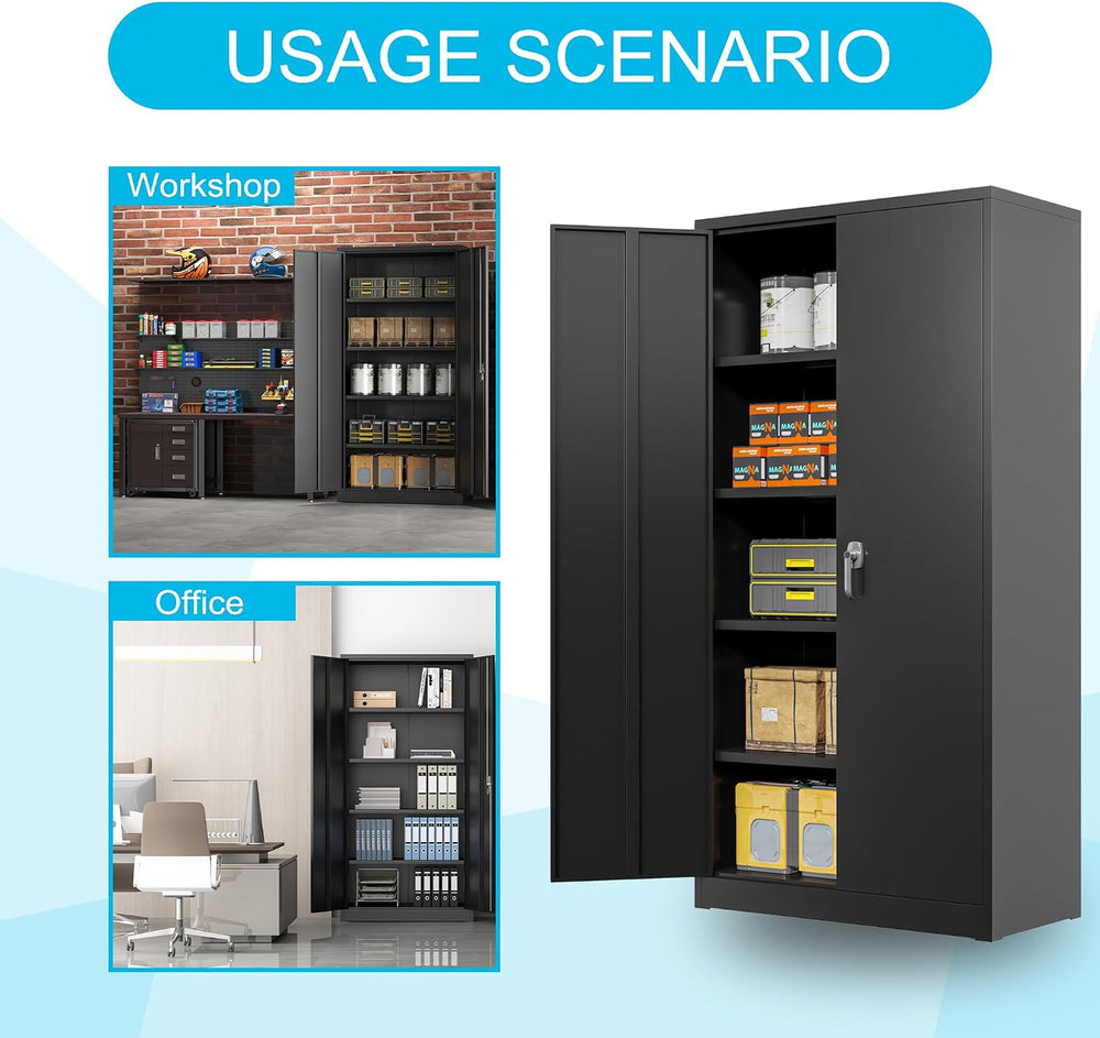 Black Iron Metal Lockable Storage Cabinet - Durable Home Office Garage Organi...