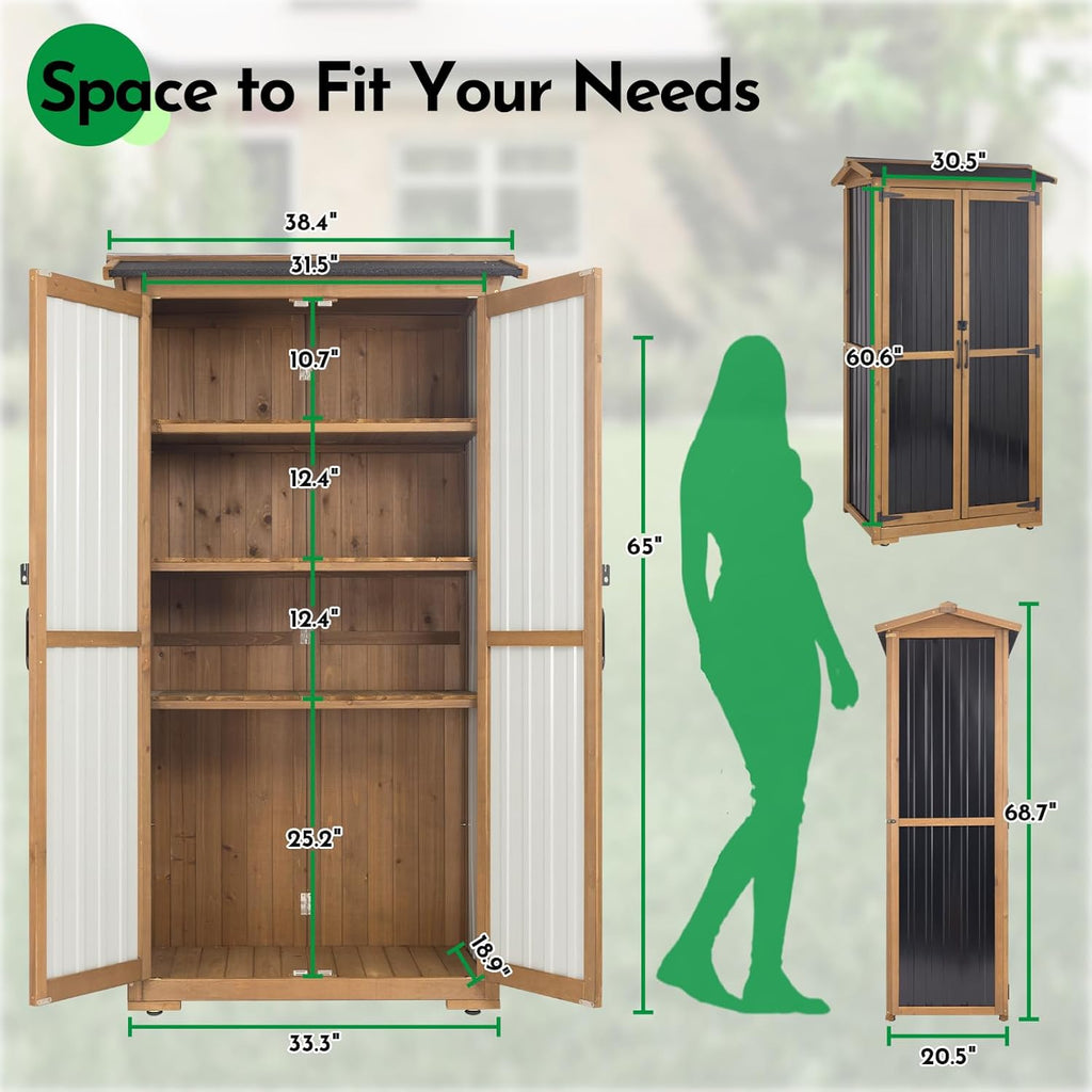 Large Outdoor Storage Cabinet, Wood Outdoor Storage Shed with Three Adjustable Shelves, Lockable Doors, Waterproof Roof, Outdoor Cabinets Garden Tool Shed, Brown, 38''x20.5''x69''