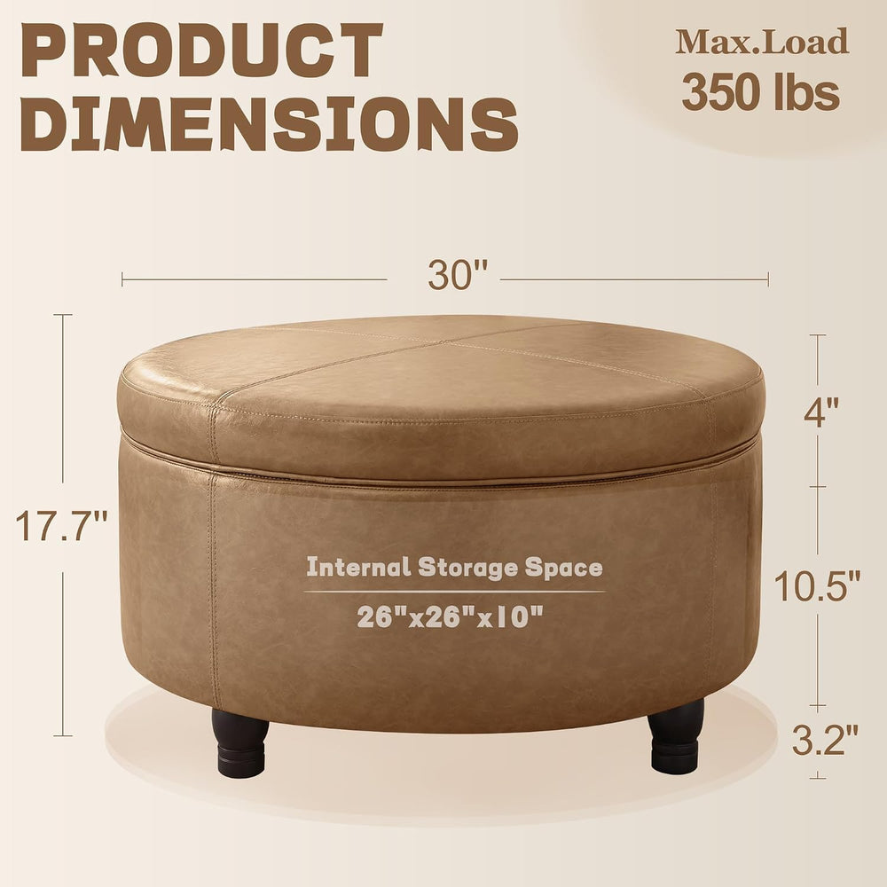30-Inch Round Ottoman, Leather Ottoman with Storage (Light Brown | Modern Sto...