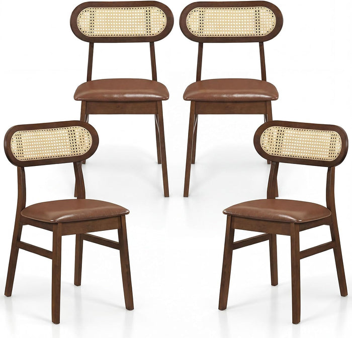 GIANTEX Wooden Dining Chairs Set of 4, Faux Leather Upholstered Kitchen Chairs w/Breathable Mesh Cane Backrest, Rubber Wood Frame, Padded Seat, Farmhouse Armless Side Chairs for Dining Room, Coffee