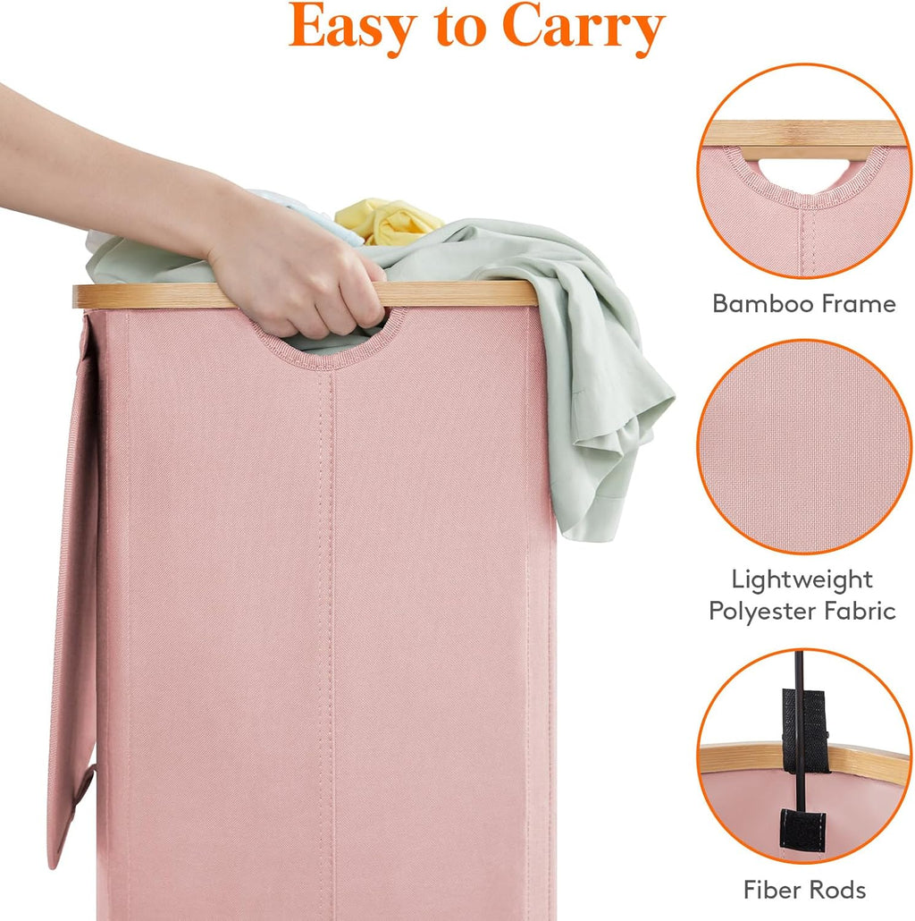 Lifewit 80L Laundry Basket with Lid, Clothes Hampers for Laundry with Bamboo Handles and A Removable Bag, Large Foldable Laundry Hamper for Bedroom, Bathroom, Dorm, Laundry Room, Pink