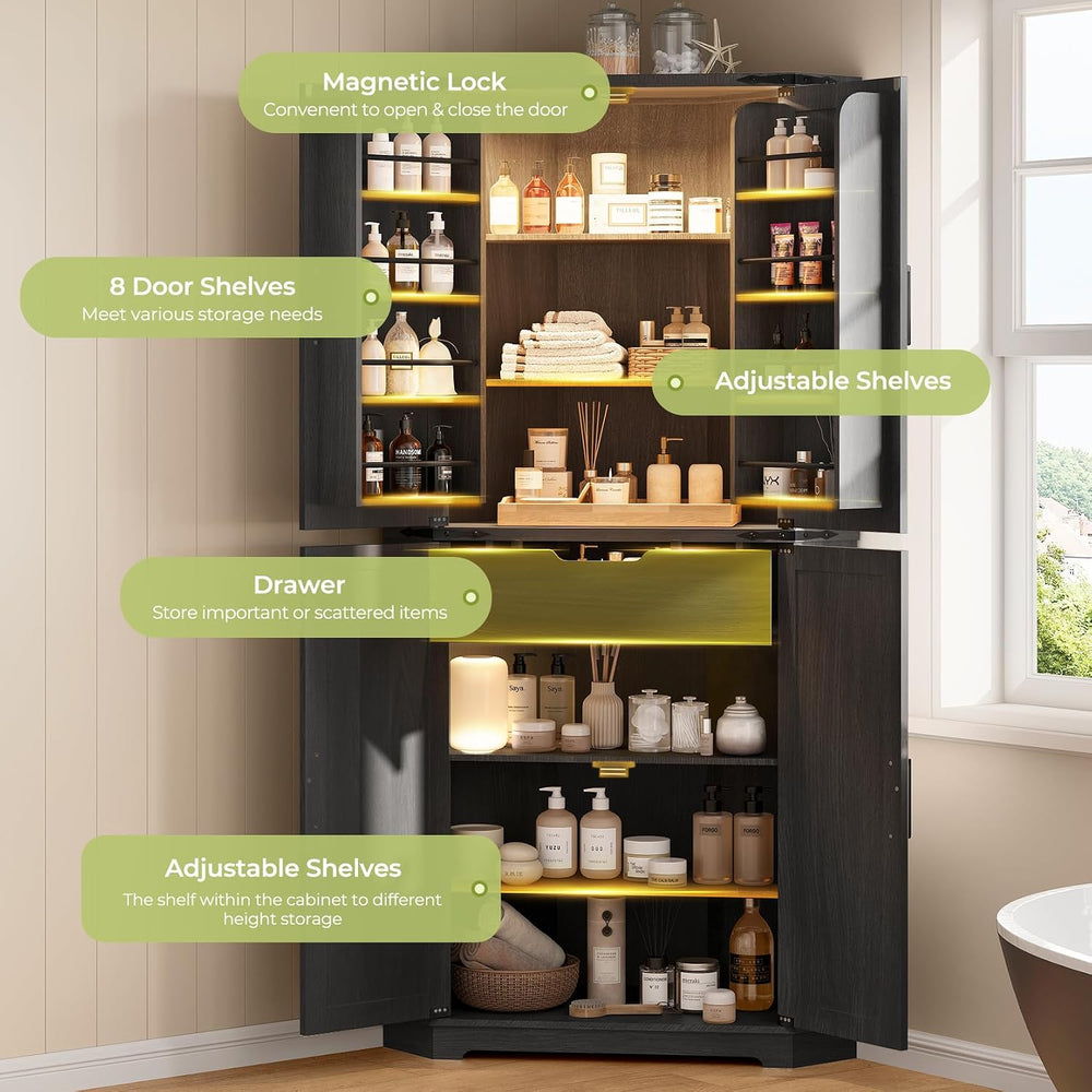 Dripex 71" Black Farmhouse Corner Pantry Cabinet with LED Light, Tall St...