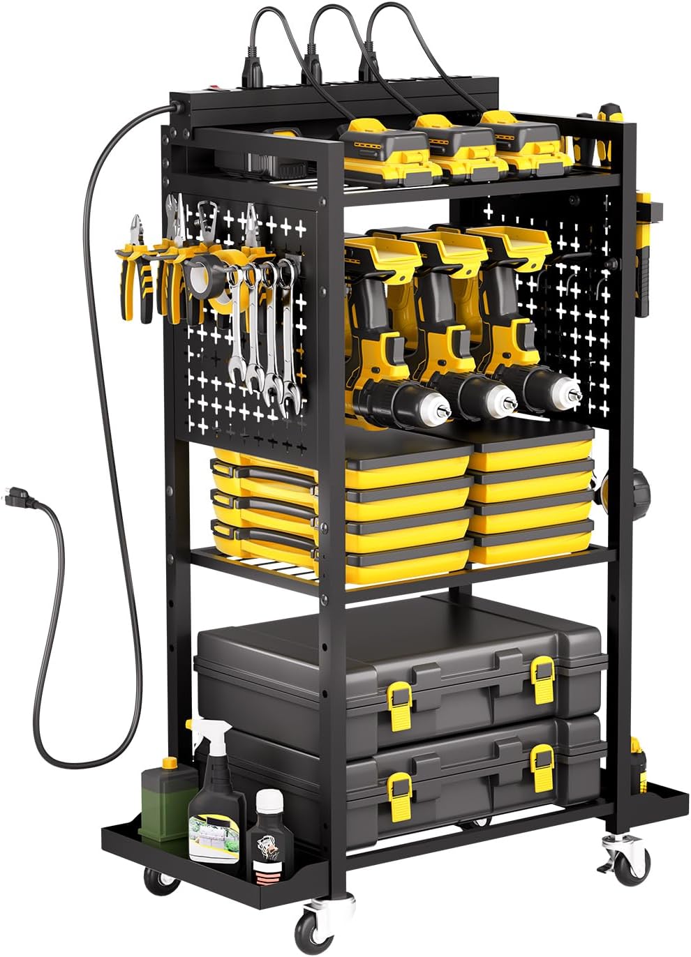 VEVOR 4-Tier Tool Organizer Cart with Charging Station, 8 AC Outlet, Floor Stand Rolling Drill Holder and Tool Battery Storage Rack on Wheels, Garage Floor Rolling Storage Cart for Workshop, Garage