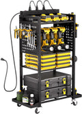 VEVOR 4-Tier Tool Organizer Cart with Charging Station, 8 AC Outlet, Floor Stand Rolling Drill Holder and Tool Battery Storage Rack on Wheels, Garage Floor Rolling Storage Cart for Workshop, Garage