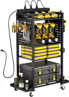 VEVOR 4-Tier Tool Organizer Cart with Charging Station, 8 AC Outlet, Floor Stand Rolling Drill Holder and Tool Battery Storage Rack on Wheels, Garage Floor Rolling Storage Cart for Workshop, Garage