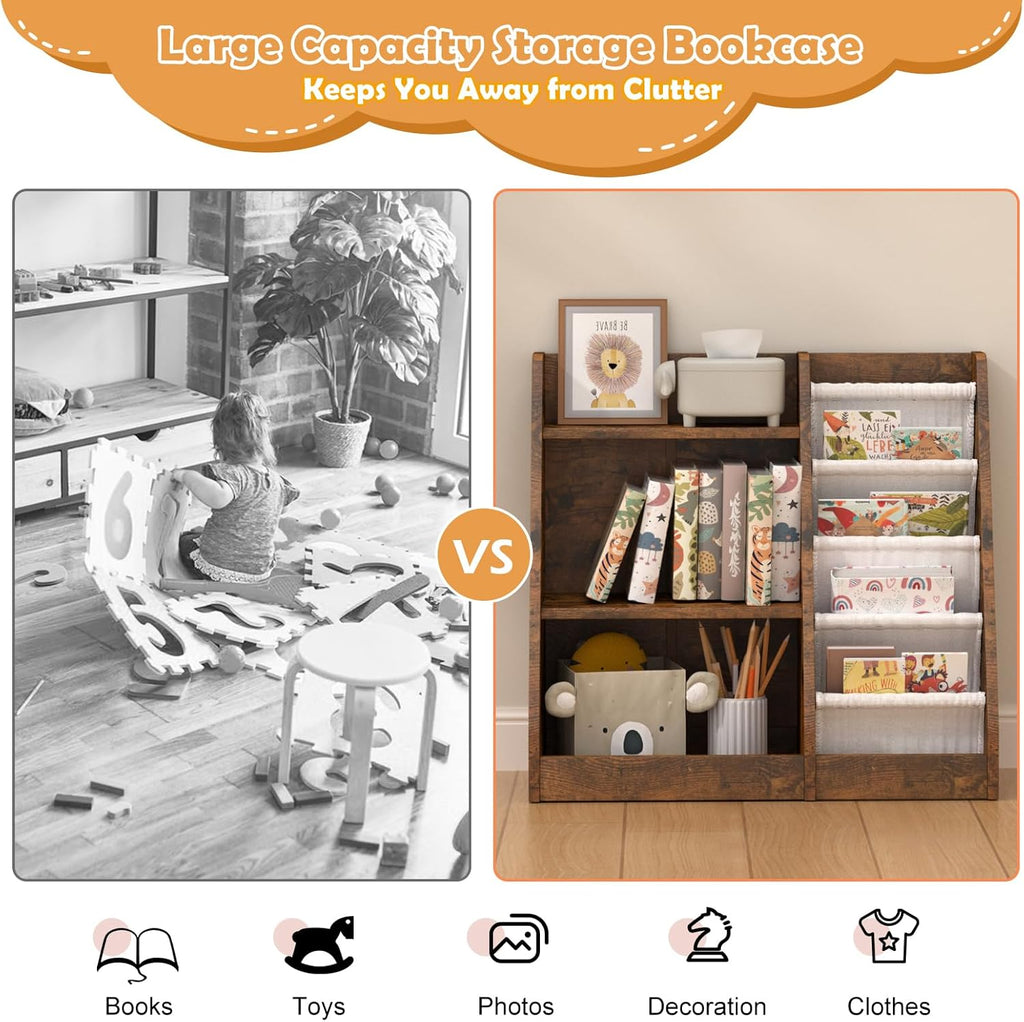 Kids Bookshelf for Bedroom Toddler Children Baby Bookcase 3-Tier for Nursery Book Toy Storage Organizer 4 Sling Adjustable Display Shelf Book Rack Wood Classroom Playroom Rustic Brown