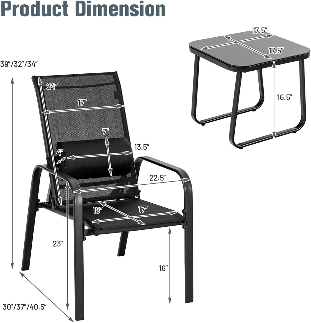 Tangkula 3-Piece Outdoor Bistro Set, Patio Stackable Chairs with Adjustable &...