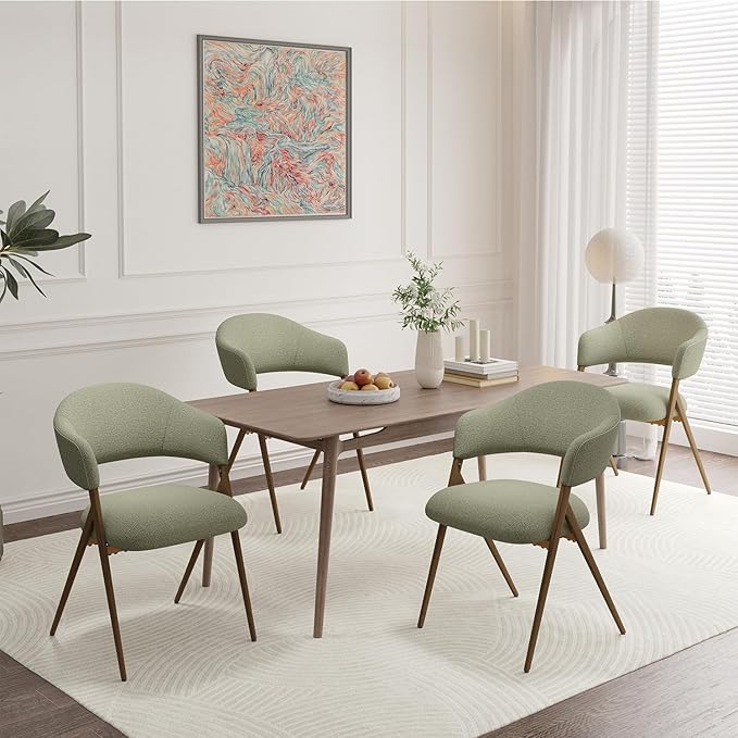 Dining Room Chairs Set of 4, Upholstered Dining Room Chairs, Mid Century Fabric Kitchen Chairs with Curved Backrest and Metal Legs, Green