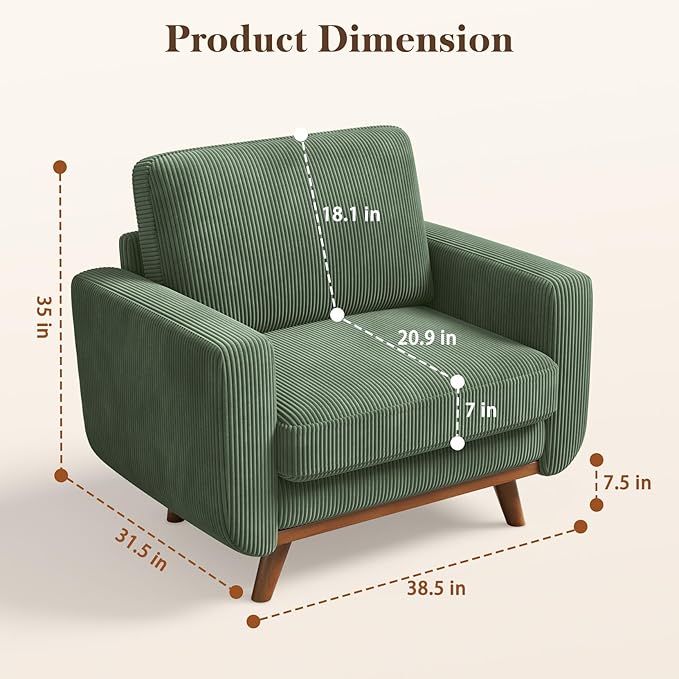 Vesgantti 38.5" Accent Chair Green, Comfy Corduroy Single Sofa Seat with Spring Cushion, Upholstered Armchair with Deep Seat, Reading Chair for Adults, Modern Sofa for Living Room, Bedroom