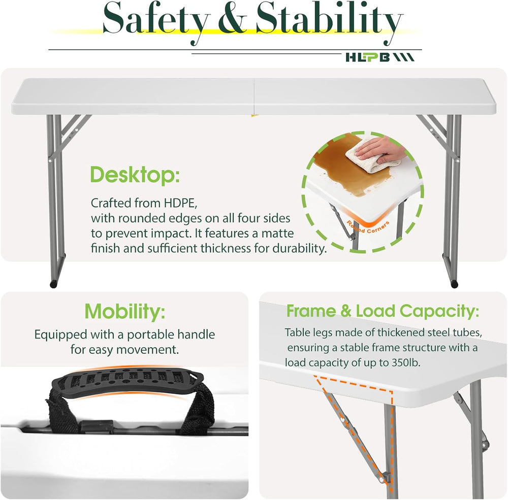 HLPB 6 FT Narrow Folding Table, Tabletop Fold-in-Half, Thickened HDPE Materia...