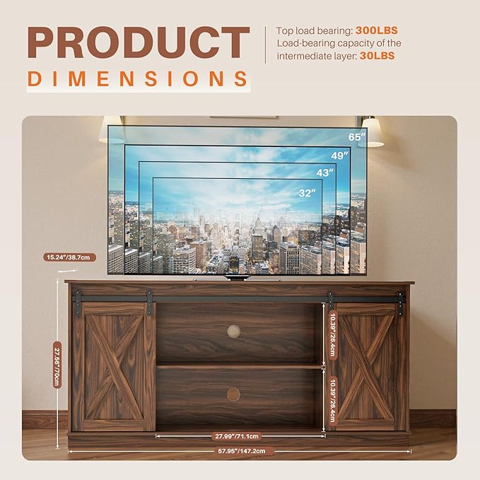Sweetcrispy TV Stand for Televisions up to 65 Inch Farmhouse Entertainment Center with Storage Cabinets Sliding Barn Doors Modern Living Room Furniture Media Console Table for Bedroom, Brown