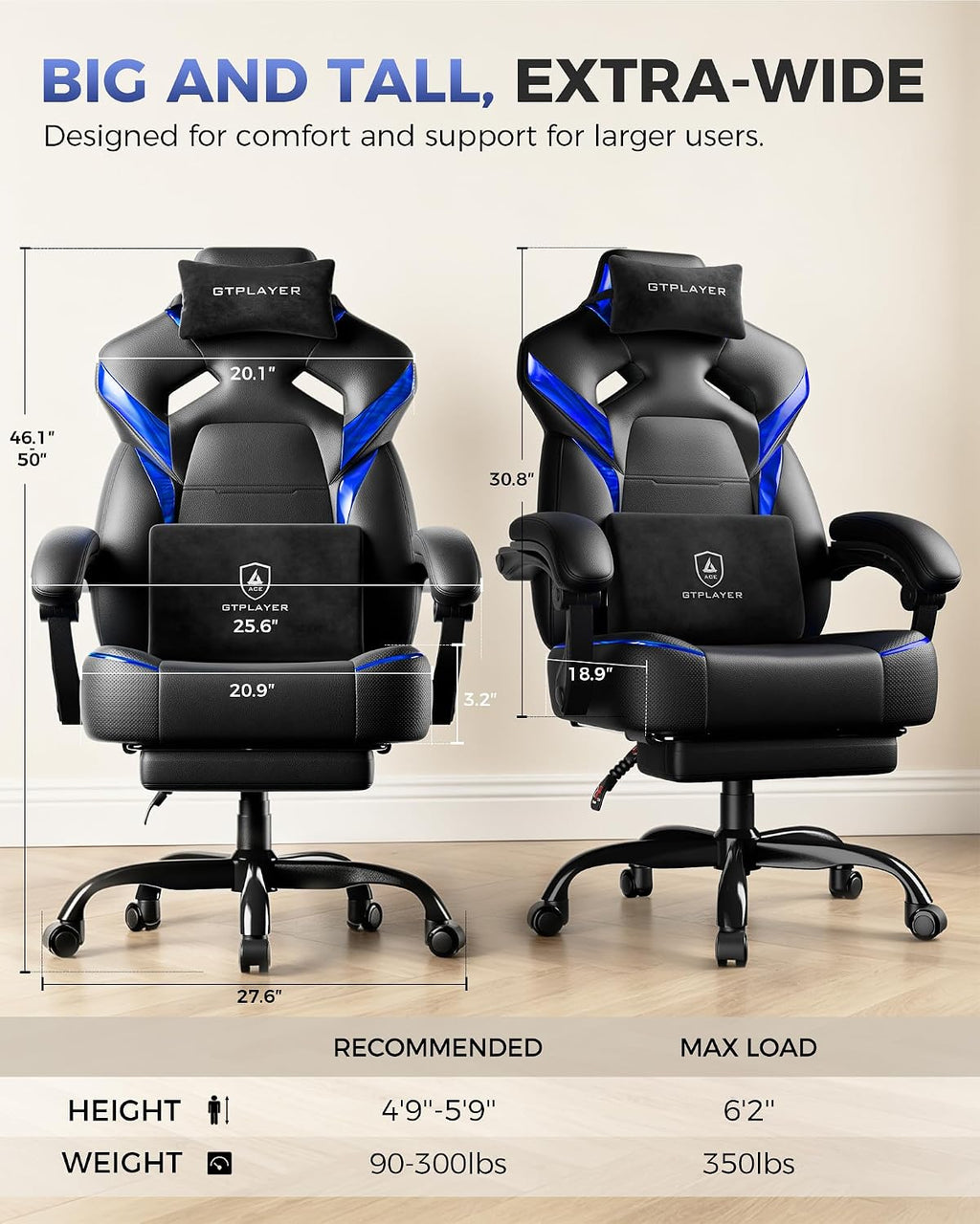 GTPLAYER Big and Tall Gaming Chair with Footrest, High Back Ergonomic Office Chair for Adults, Heavy Duty 350 lbs Capacity, Premium Leather & Iridescent Trim, ACE-Armor, Blue