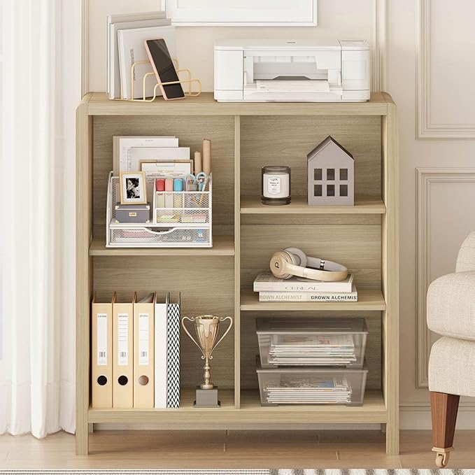 FATORRI 5 Cube Bookshelf, Wood Bookcase with 3 Adjustable Shelves, Modern Cub...