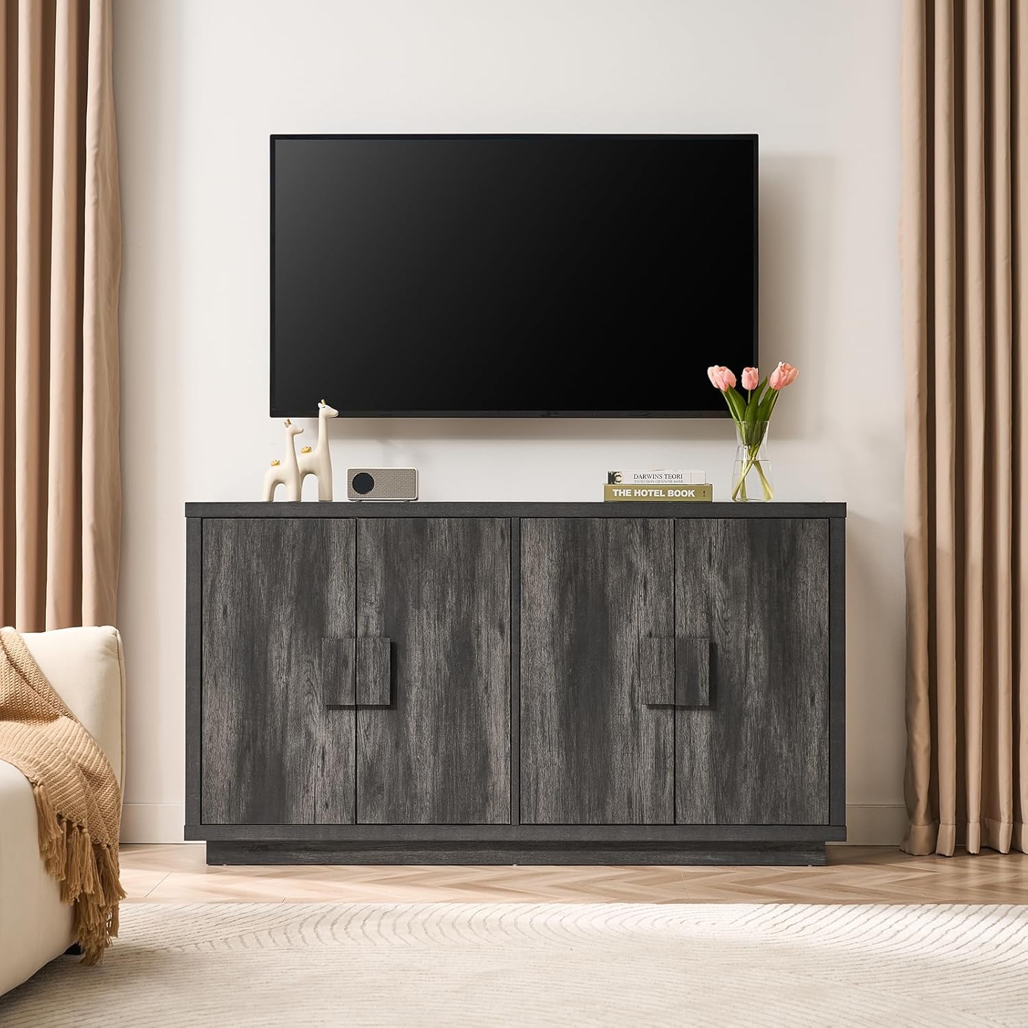 ONBRILL Buffet Cabinet with Storage, 63" Sideboard Cabinet with 4 Doors & Shelves, Wooden Kitchen Coffee Bar Credenza Storage for Living Room, Hallway (63" Wide), Black