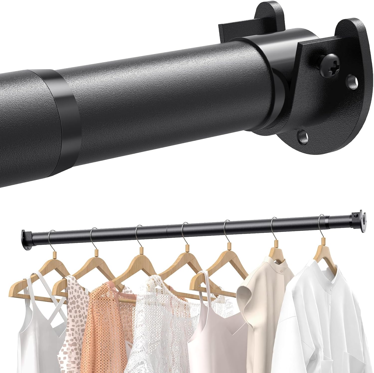 Closet Rods for Hanging Clothes, 17 to 129 Inches Stepless Adjustable Metal Closet Rod, 1.3 Inches Heavy Duty Clothes Hanging Rod for Closet Wardrobes Laundry RV, Black