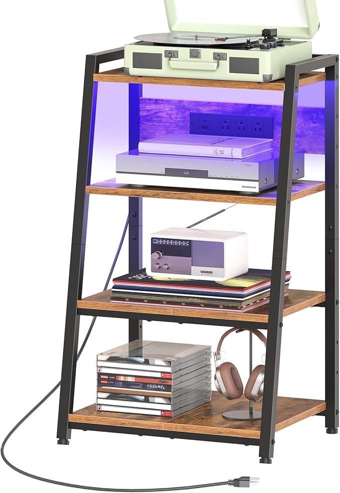 HOOBRO 4-Tier AV Media Stand with Charging Station and LED Light, Wooden Stereo Cabinet, Audio Tower Rack, Corner TV Stand, Record Player, Entertainment Device, Rustic Brown and Black BF106UDCJ01