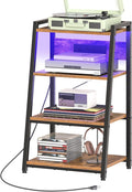 HOOBRO 4-Tier AV Media Stand with Charging Station and LED Light, Wooden Stereo Cabinet, Audio Tower Rack, Corner TV Stand, Record Player, Entertainment Device, Rustic Brown and Black BF106UDCJ01
