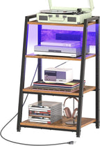 HOOBRO 4-Tier AV Media Stand with Charging Station and LED Light, Wooden Stereo Cabinet, Audio Tower Rack, Corner TV Stand, Record Player, Entertainment Device, Rustic Brown and Black BF106UDCJ01