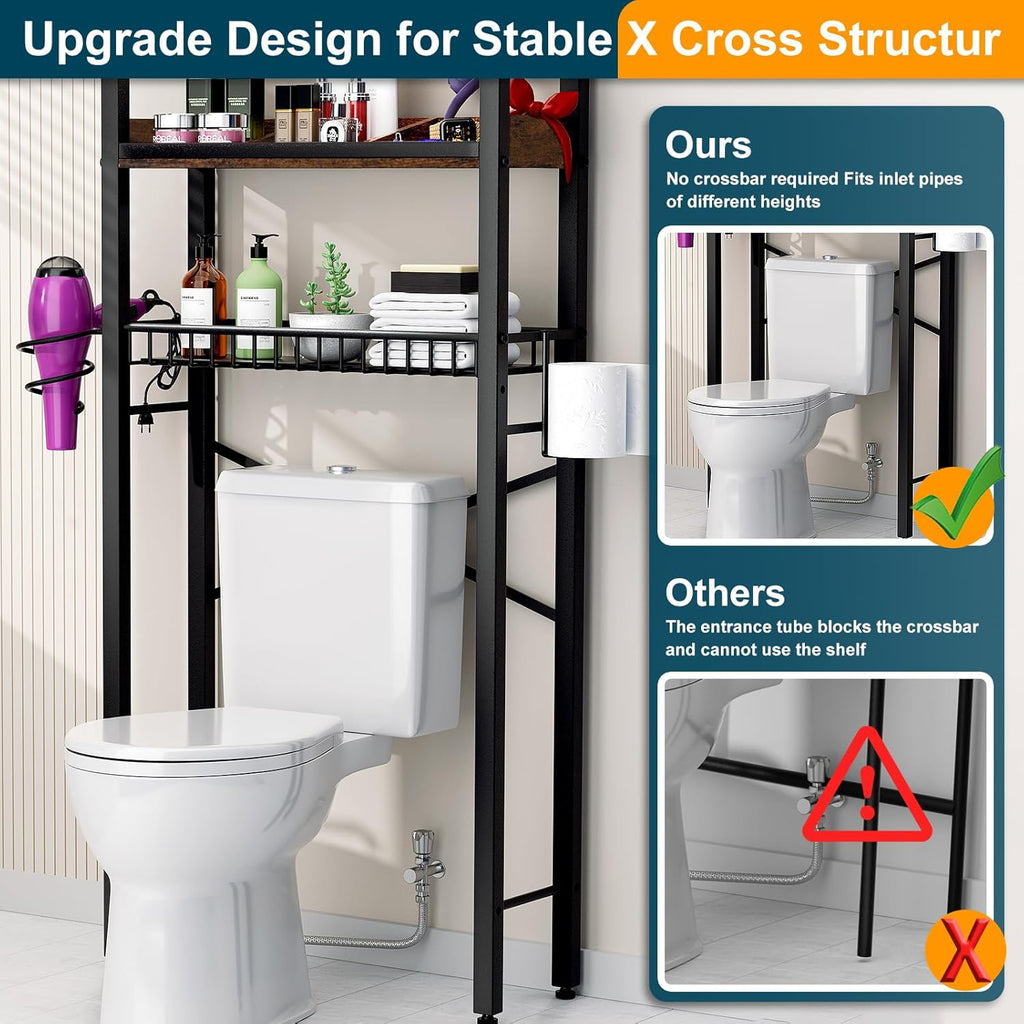 Over The Toilet Storage Cabinet,4 Tier Bathroom Organizers and Storage With Adjustable Shelf Waterproof Feet Pad and Basket ,Multifunctional Space Saver Freestanding Bathroom Shelves With Dividers