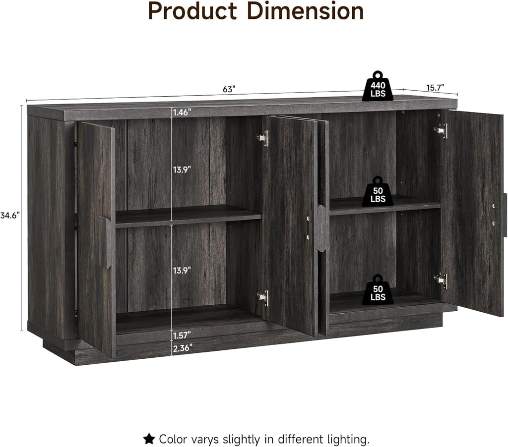 ONBRILL Buffet Cabinet with Storage, 63" Sideboard Cabinet with 4 Doors & Shelves, Wooden Kitchen Coffee Bar Credenza Storage for Living Room, Hallway (63" Wide), Black