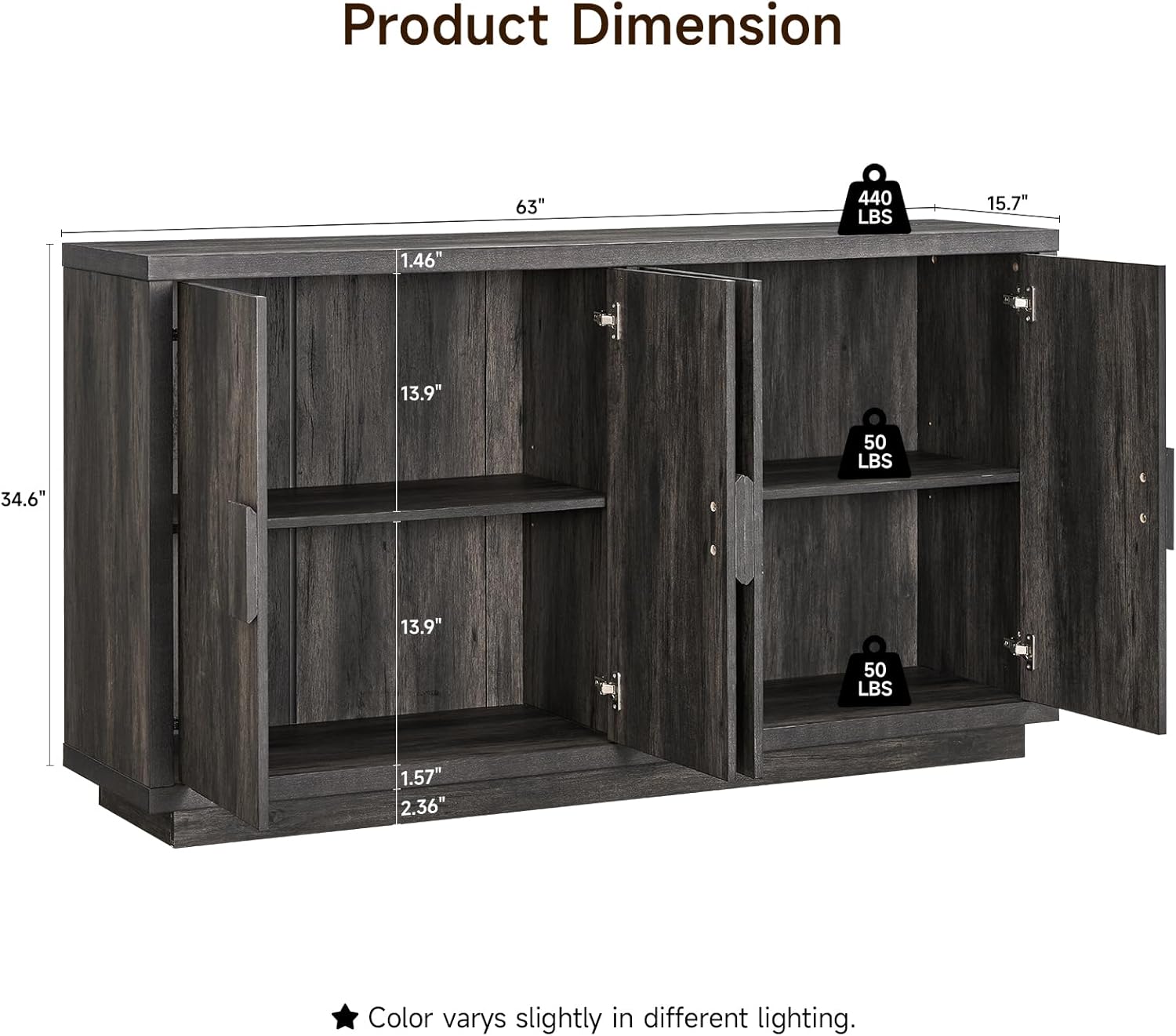 ONBRILL Buffet Cabinet with Storage, 63" Sideboard Cabinet with 4 Doors & Shelves, Wooden Kitchen Coffee Bar Credenza Storage for Living Room, Hallway (63" Wide), Black