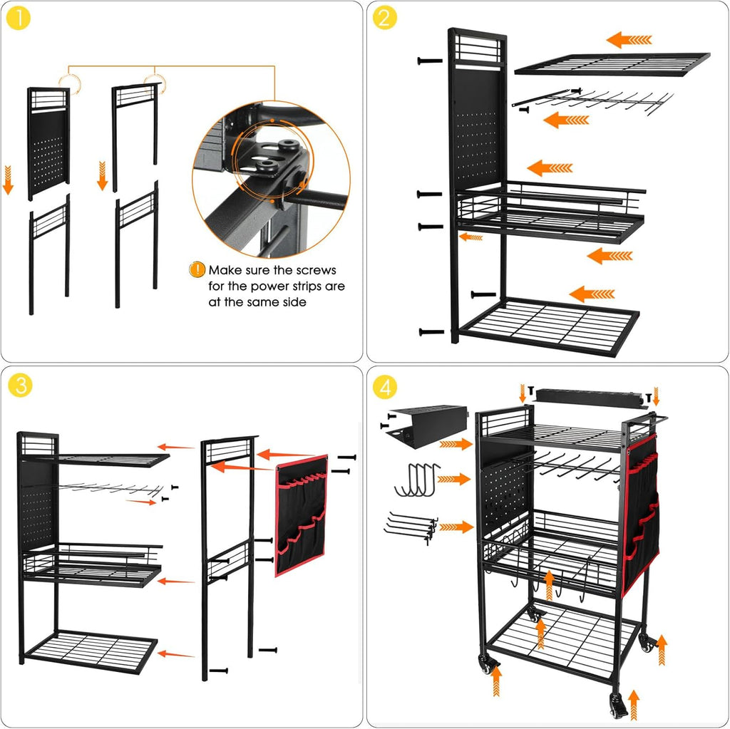 Garage Power Tool Organizer Cart with Charging Station, Floor Stand Rolling Drill Holder and Tool Battery Storage Cart on Wheels, 3-Layer Utility Rack Shelf with 8 Outlet Power Strip,Black