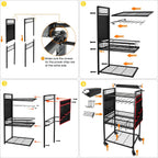 Garage Power Tool Organizer Cart with Charging Station, Floor Stand Rolling Drill Holder and Tool Battery Storage Cart on Wheels, 3-Layer Utility Rack Shelf with 8 Outlet Power Strip,Black