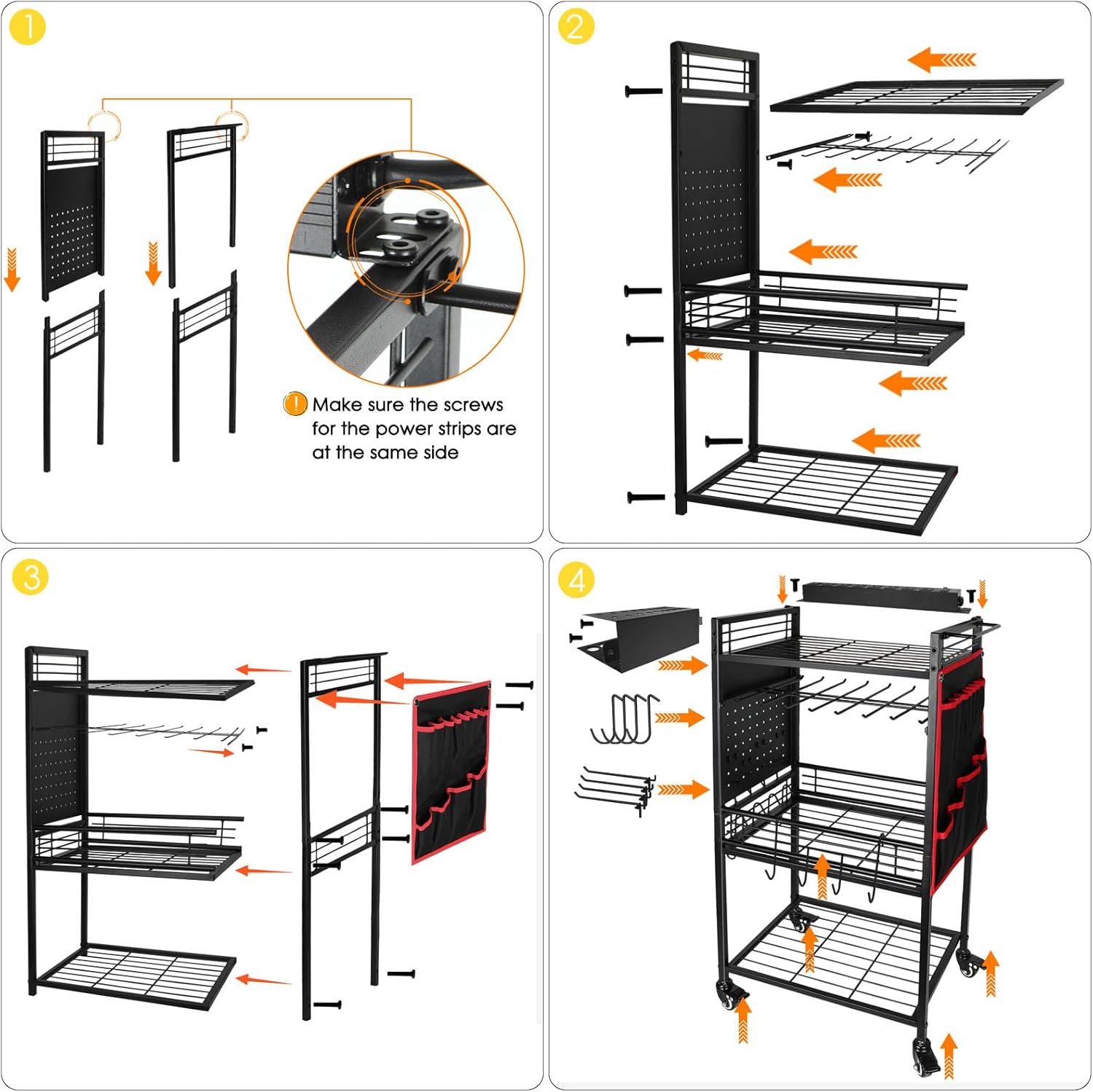 Garage Power Tool Organizer Cart with Charging Station, Floor Stand Rolling Drill Holder and Tool Battery Storage Cart on Wheels, 3-Layer Utility Rack Shelf with 8 Outlet Power Strip,Black