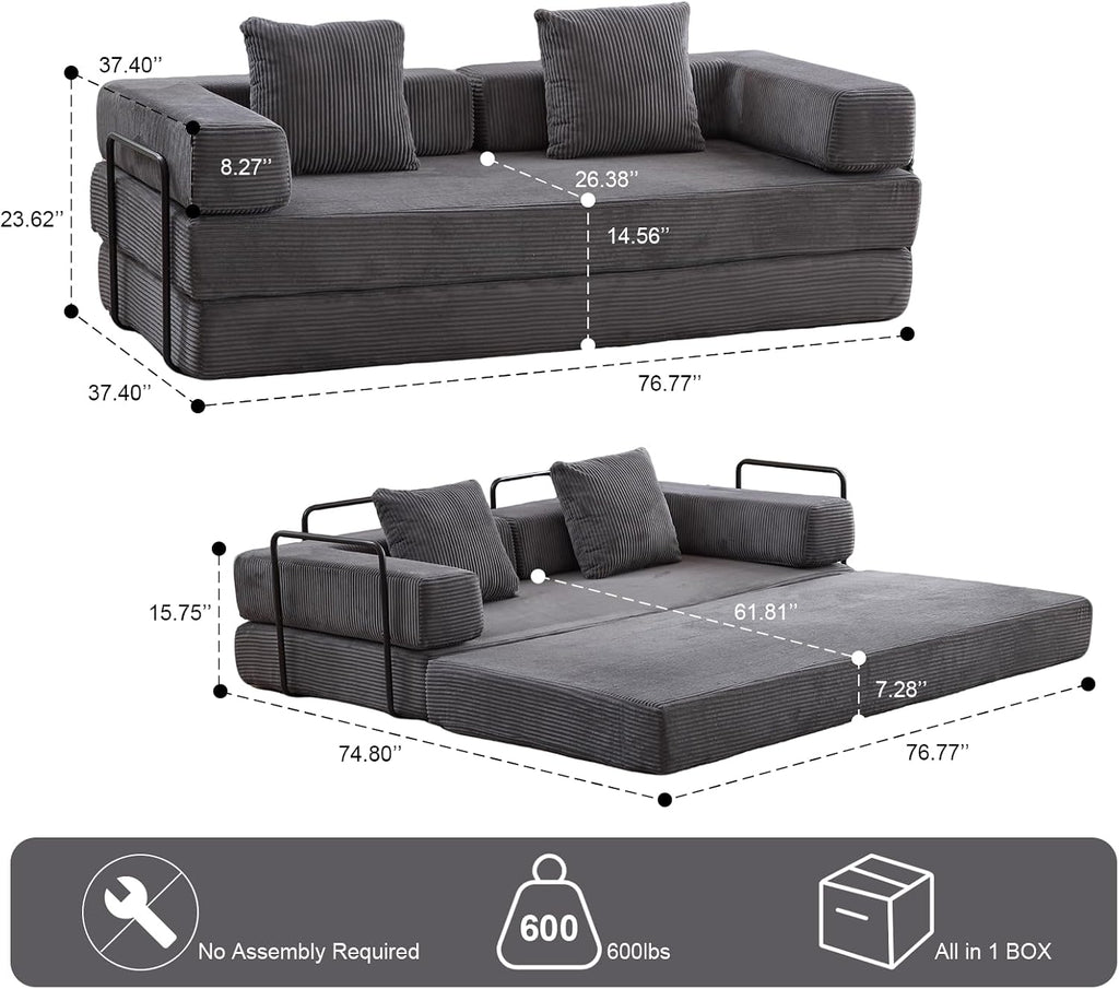 ZEIINPA Convertible Floor Sofa Bed with Fixed-Shape Frame, Modular Corduroy Folding Mattress Couch with Armrest, Floor Sofa Lounge Couch for Living Room Bedroom Lounge Studio,Dark Gray