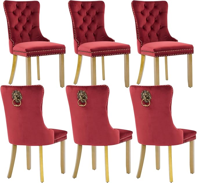 Velvet Dining Chairs Set of 6, Modern Tufted Dining Room Chair, Upholstered Dining Chairs with Lion Head Pulls Ring and Golden Solid Wood Legs, Luxury Kitchen Chairs for Dining Room, Burgundy
