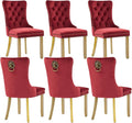 Velvet Dining Chairs Set of 6, Modern Tufted Dining Room Chair, Upholstered Dining Chairs with Lion Head Pulls Ring and Golden Solid Wood Legs, Luxury Kitchen Chairs for Dining Room, Burgundy