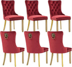 Velvet Dining Chairs Set of 6, Modern Tufted Dining Room Chair, Upholstered Dining Chairs with Lion Head Pulls Ring and Golden Solid Wood Legs, Luxury Kitchen Chairs for Dining Room, Burgundy