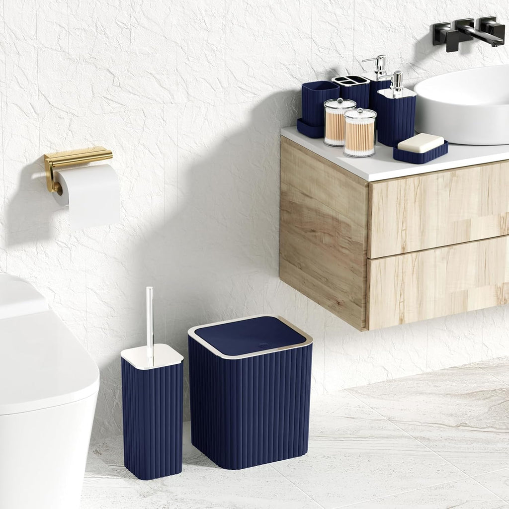 Navy Blue Bathroom Accessories Set - Gorgeous Bathroom Set, 10PC Bathroom Accessory Set, Toilet Brush, Trash Can, Qtip Holder Dispenser & Soap Dispenser