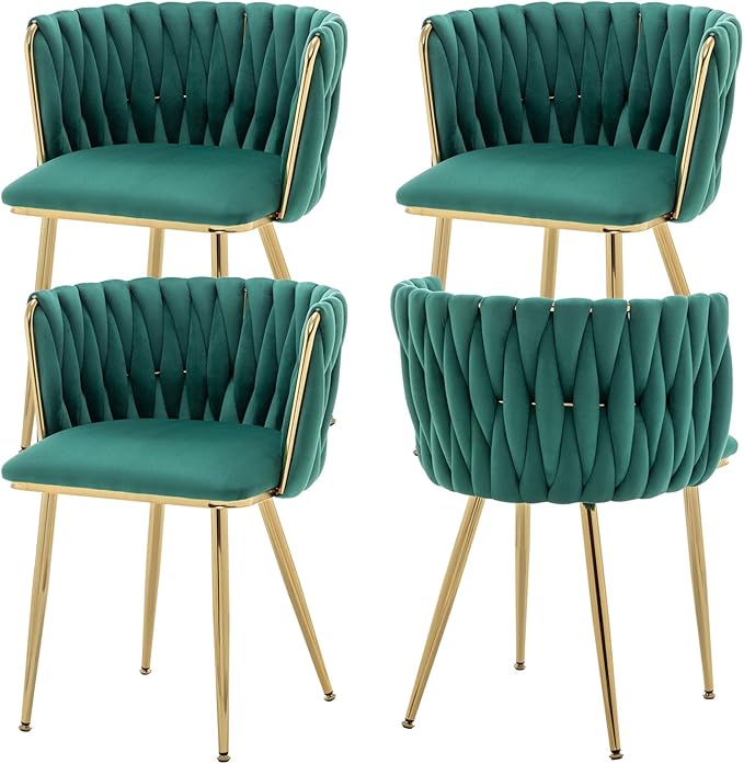 Velvet Dining Chairs Set of 4, Modern Upholstered Dining Chairs with Gold Metal Legs for Dining Room, Vanity, Kitchen, Living Room(Green)