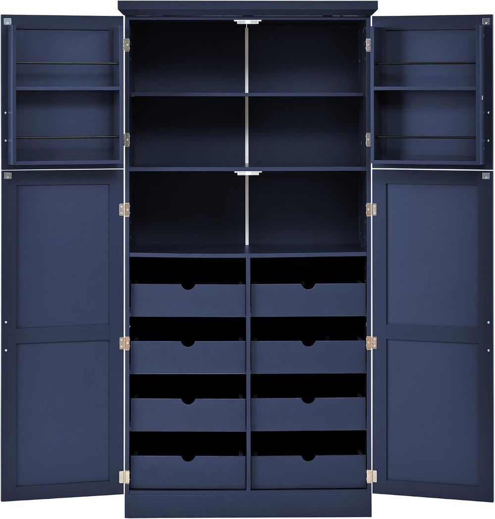 Tall 4 Doors Kitchen Pantry Cabinet with 8 Pull-Out Trays, Freestanding Pantr...