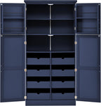 Tall 4 Doors Kitchen Pantry Cabinet with 8 Pull-Out Trays, Freestanding Pantry Storage Cabinet with 2 Door Shelves and Adjustable Shelf for Kitchen, Dining Room (Blue)