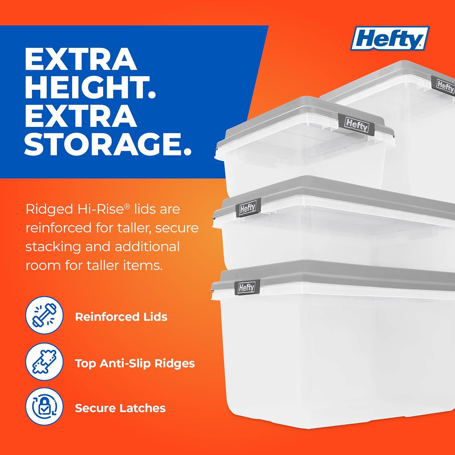 Hefty 18 Qt Hi-Rise Storage Bin with Lid, Stackable Plastic Storage Container, Organizer for Home, Garage & Closet, 8 Pack, Gray
