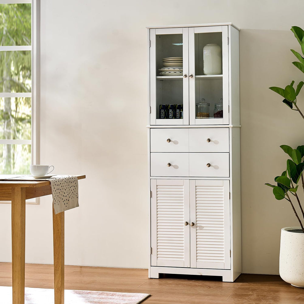 67" Tall White Kitchen Pantry Cabinet with Doors & Drawers - Large S...