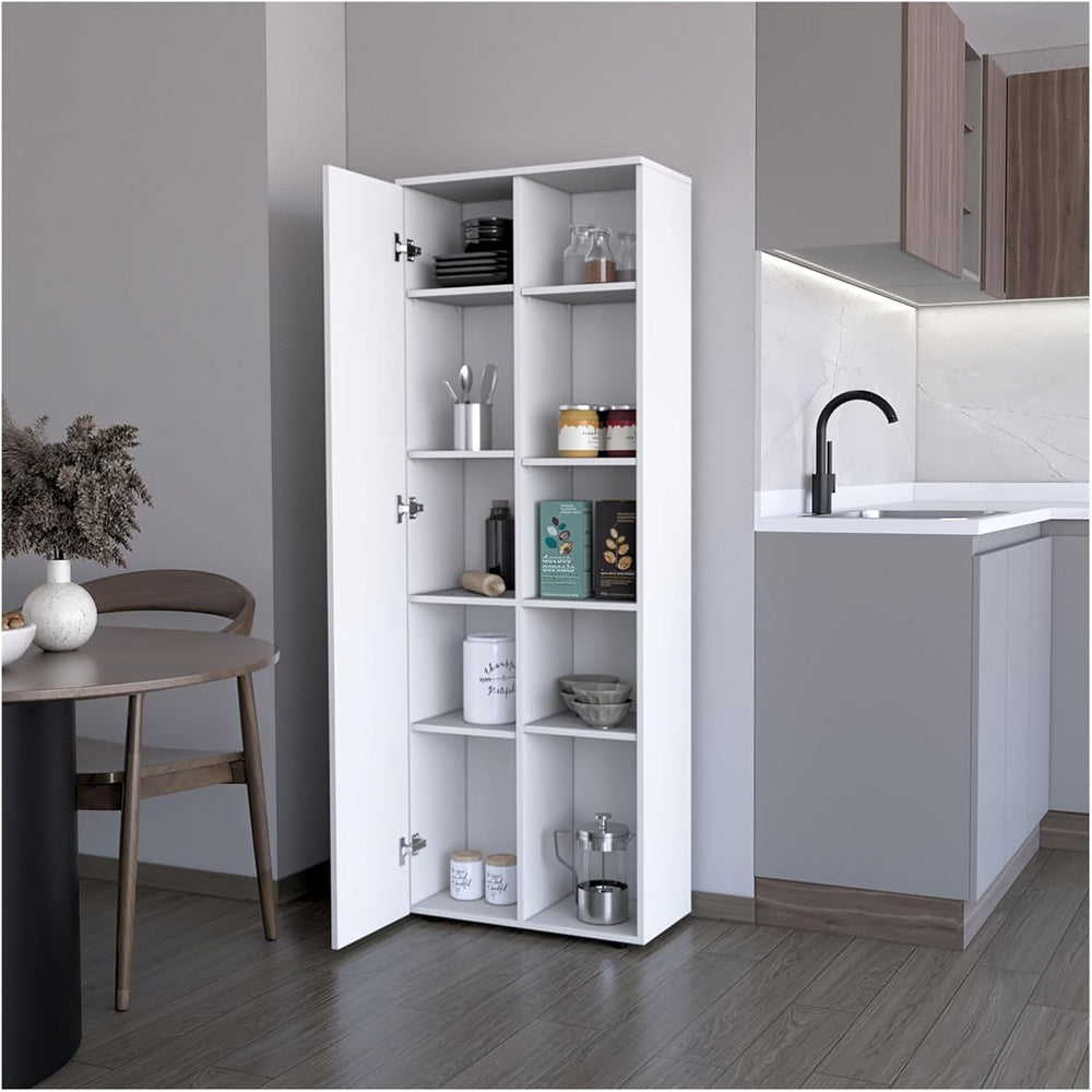 Multistorage Kitchen Pantry with 1 Door and 5 Open Shelves, White,for Kitchen