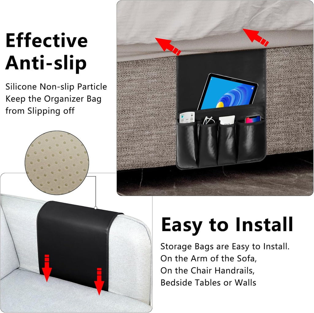 Non-slip Couch Organizer Armchair Caddy, Artificial Leather TV Remote Control Holder Bedside Caddy with 5 Pockets for Key Glasses Phone Magazine Holders (Black faux leather, 35"x12.4")