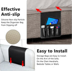 Non-slip Couch Organizer Armchair Caddy, Artificial Leather TV Remote Control Holder Bedside Caddy with 5 Pockets for Key Glasses Phone Magazine Holders (Black faux leather, 35"x12.4")