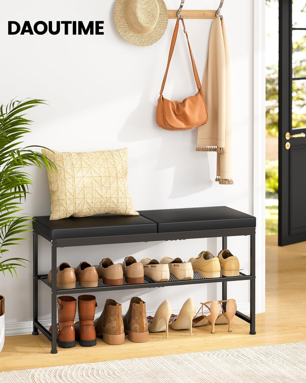 DAOUTIME Shoe Rack Bench, 2-Tier Shoe Storage Organizer with PU Seat Cushion,...