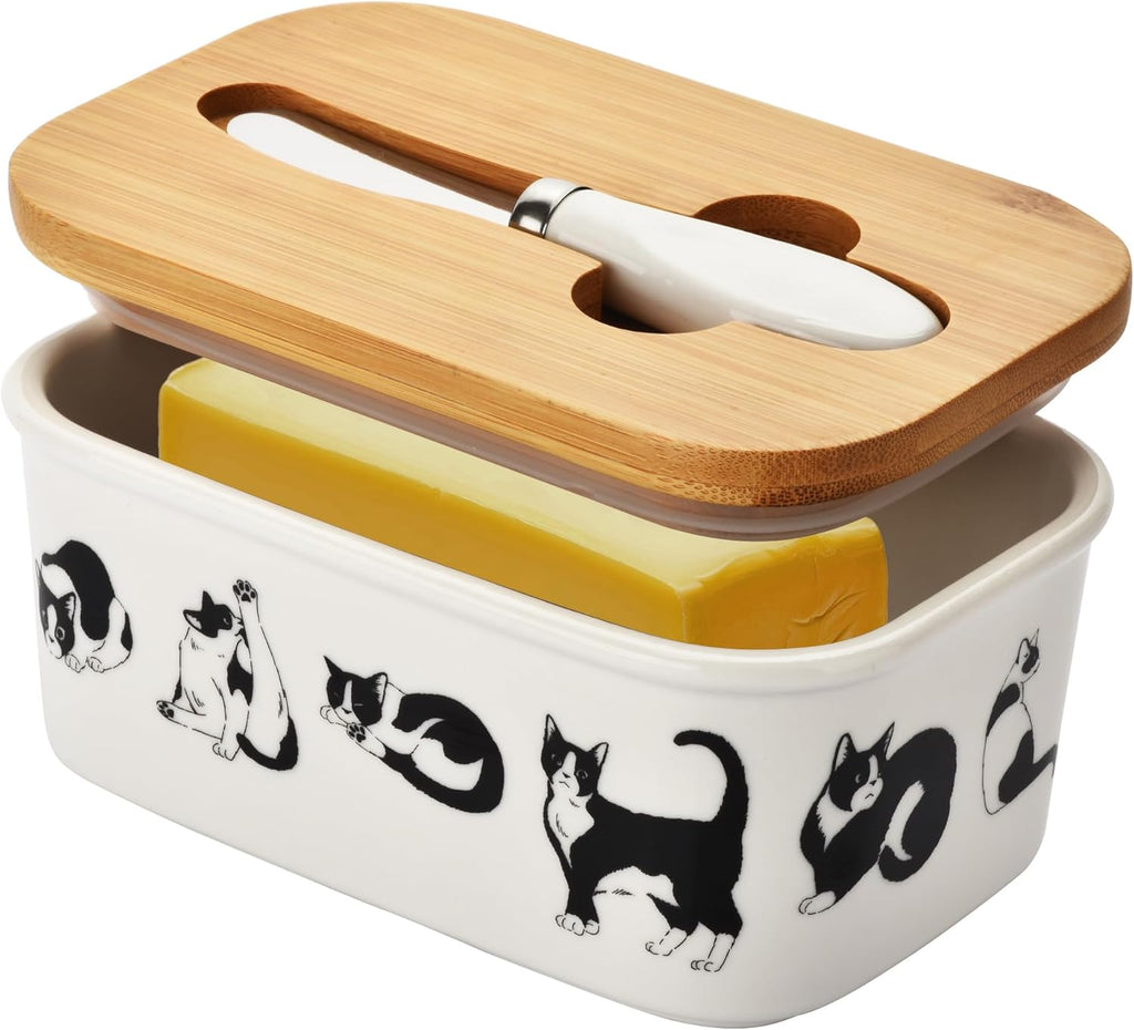 Pretty Sunflower Large Butter Dish with Lid for Countertop,Ceramic Covered Butter Holder with Knife for Fridge, Airtight Butter Keeper Container Storage for East West Coast Butter,White