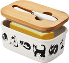 Pretty Sunflower Large Butter Dish with Lid for Countertop,Ceramic Covered Butter Holder with Knife for Fridge, Airtight Butter Keeper Container Storage for East West Coast Butter,White