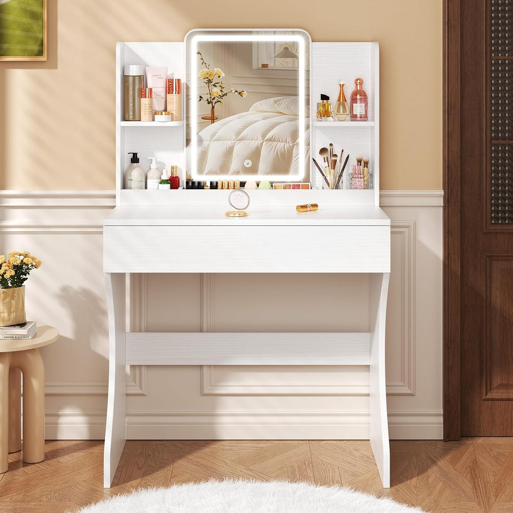 White Small Lighted Makeup Vanity Desk with Multi-Layer Storage | 3 Adjustabl...