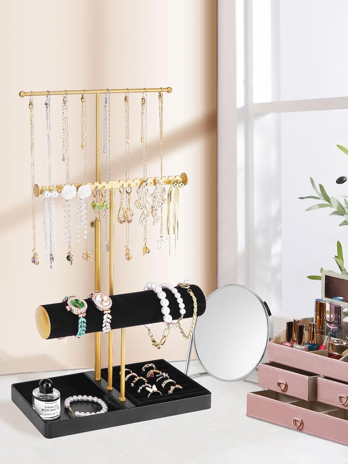 Cirhy Jewelry Organizer Stand, 3 Tier Necklace Holder for Women, Adjustable Jewelry Tree with Velvet Bracelet & Ring Tray, Elegant Jewelry Display for Necklaces, Bracelets, and Earrings（Black）